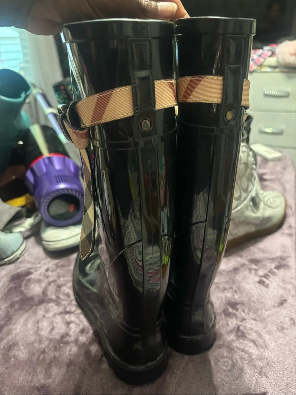 Burberry Black Glossy Rain Boots with Beige Check Strap